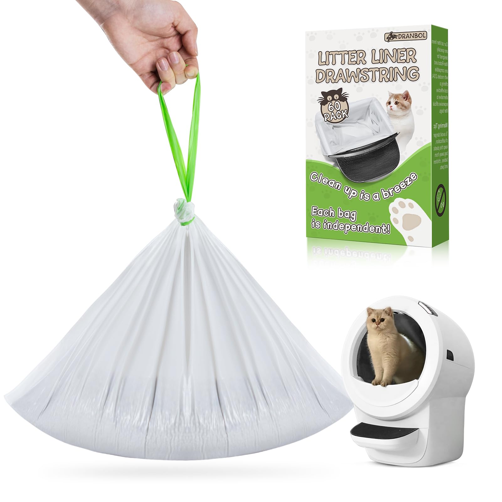 Litter Box Liners 60 Count Jumbo Cat Litter Bags, Easy Clean Up Thick Large Kitty Litter Liners For Litter Box, Drawstring Cat L