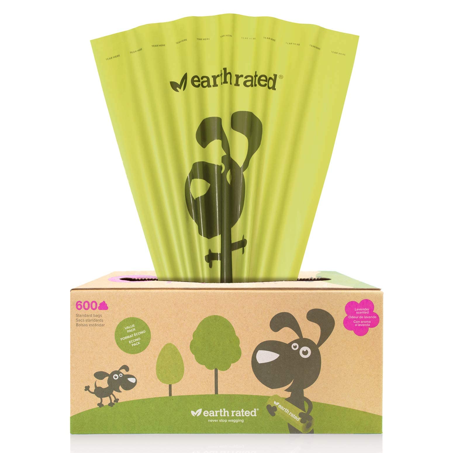 Earth Rated Dog Poop Bags, Thick Grab And Go Bulk Single Roll, Ideal For Backyard Pickups, Lavender Scented, 600 Bags