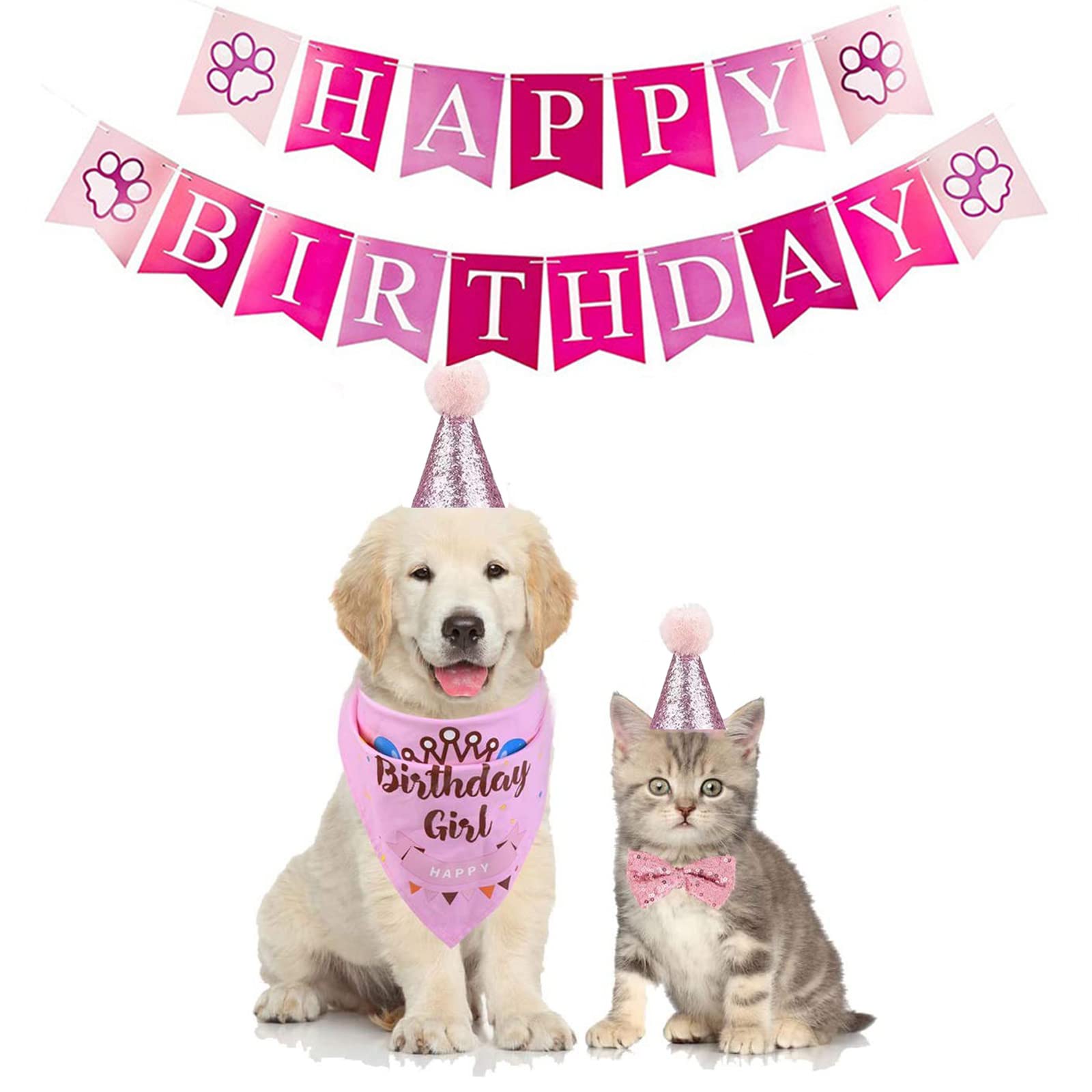 Dog Birthday Party Supplies-Dog Birthday Set With Dog Bandanas,Dog Hat，Dog Collar And Birthday Banner,Dog Party Decorations For Small Medium Large Dog Pet. (Pink)