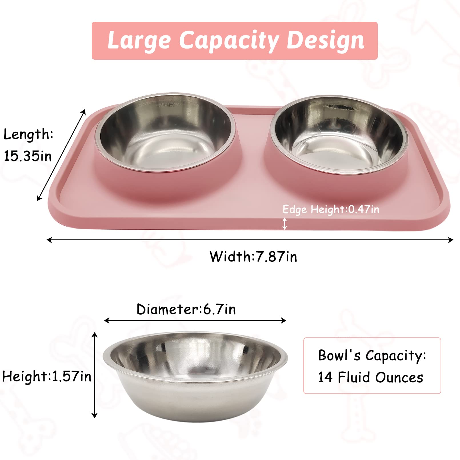 BNOSDM Double Dog Food Bowls Stainless Steel Dog Food and Water Bowls with Non-Spill Plastic Mat Pet Cat Feeder Bowl Set for Pup