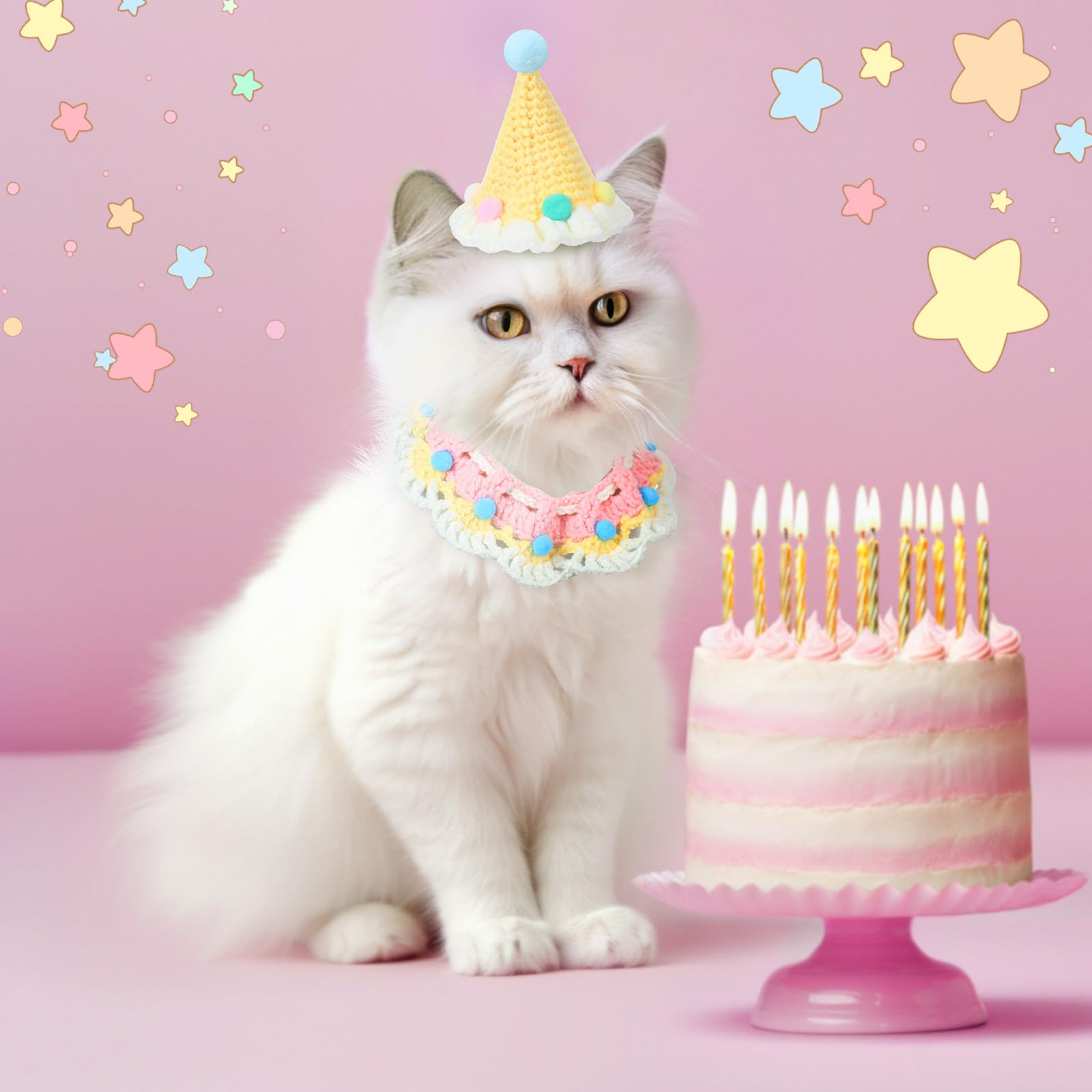 Sanwuta 2 Pcs Cat Birthday Party Supplies, Knit Cat Hat Kitten Birthday Bib Knit Bandana Pet Party Costume Headwear Accessories