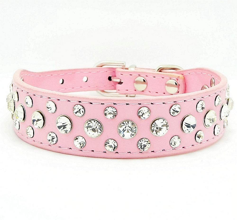 Haoyueer Bling Rhinestone Pu Leather Crystal Diamond Pet Dog Cat Puppy Collar Black S M L Xl(Pink,S)