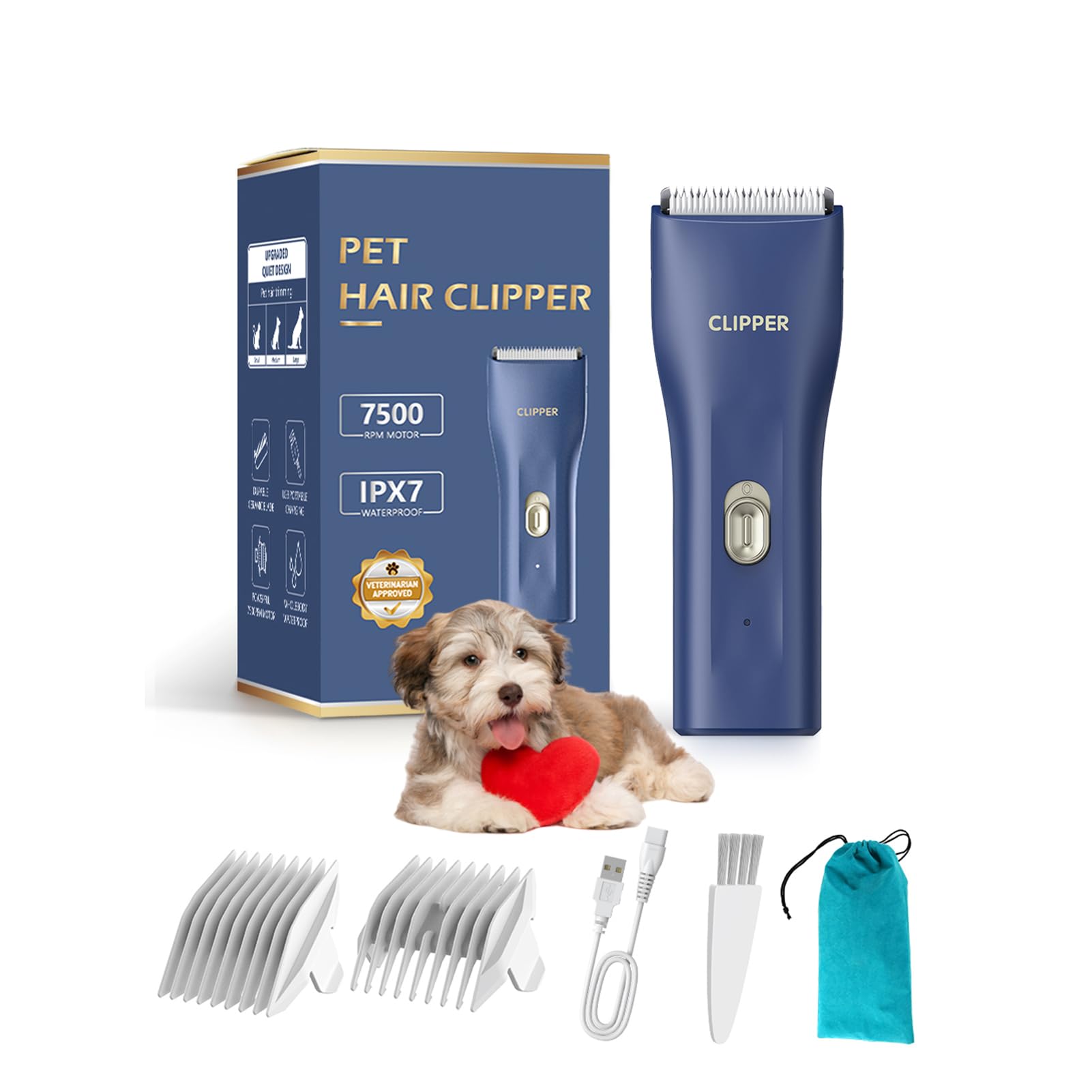 Founouly Dog Cat Home Hair Waterproof Clipper Wireless Dog Trimmer For Grooming,Blue,Ts006
