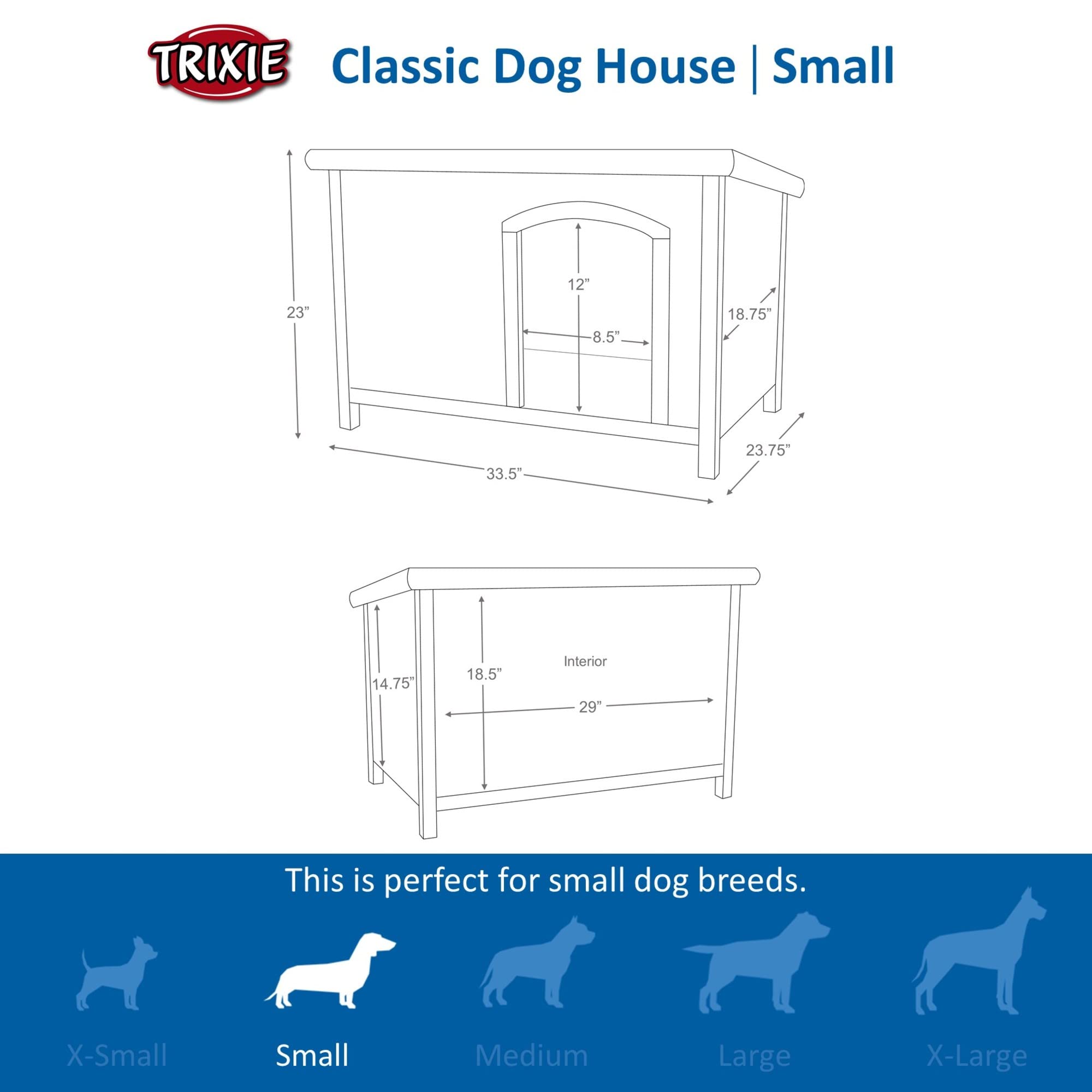 Trixie Natura Classic Dog House – Small Outdoor Dog House With Weatherproof Sealer & Hinged Roof, Wooden Dog House With Adjustable Legs For Small Dogs In Grey – 23.75 X 33.5 X 23 In