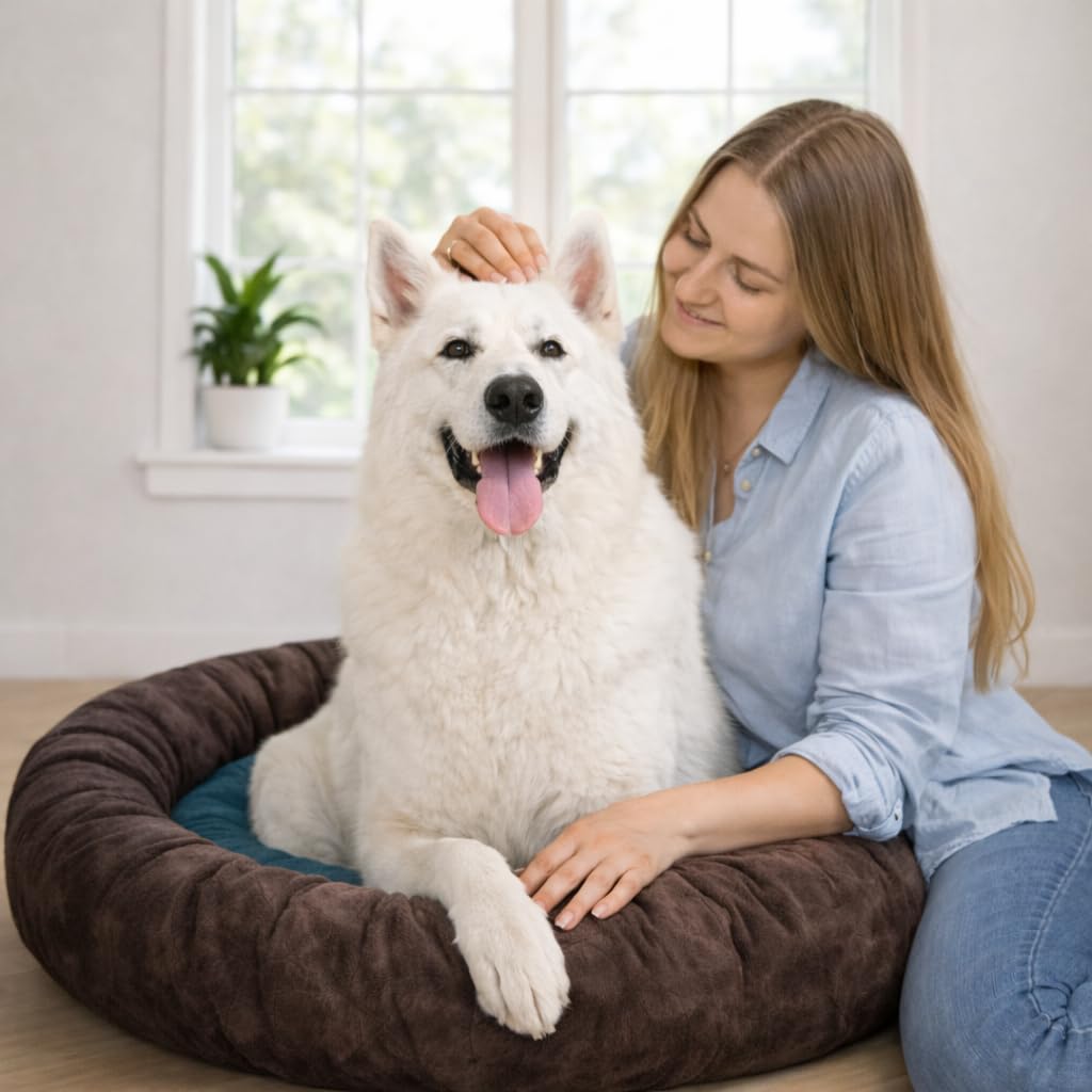 Happy Paws & Co Dog Bed, Round Donut Pet Bed, Brown and Blue, Soft Comfortable, Machine Washable, Durable Fabric, Supportive