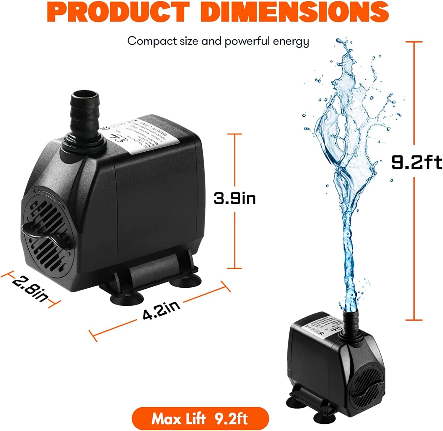 Simple Deluxe 550GPH Submersible Pump (2082L/H, 45W) with 9.2ft High Lift, Fountain Pump with 3 Nozzles for Fish Tank, Pond, Aqu