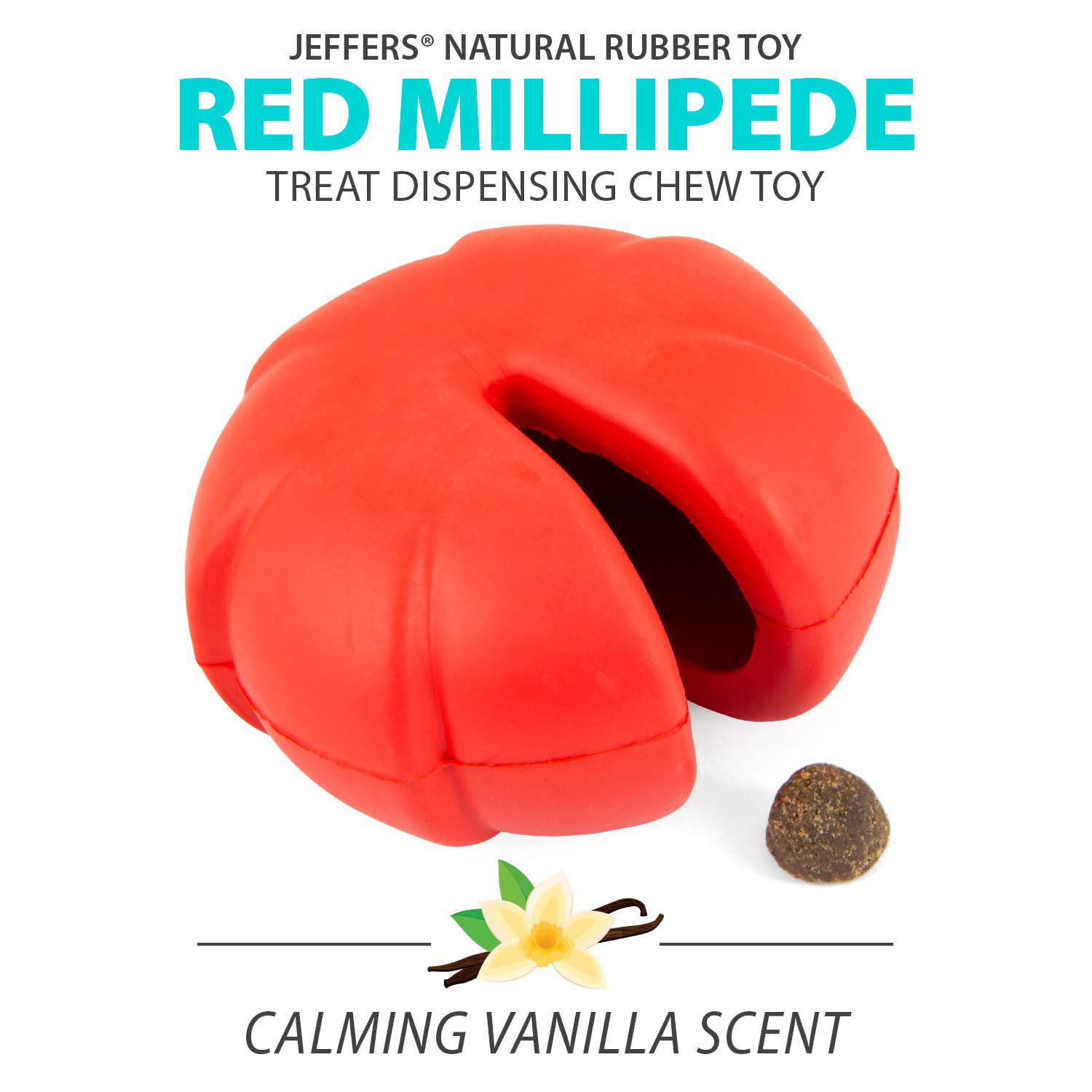 Jeffers Pet Natural Rubber Dog Chew Toy - Red Millipede, Small - Treat Dispensing, Vanilla Scent, Durable, Non-Toxic, Dishwasher