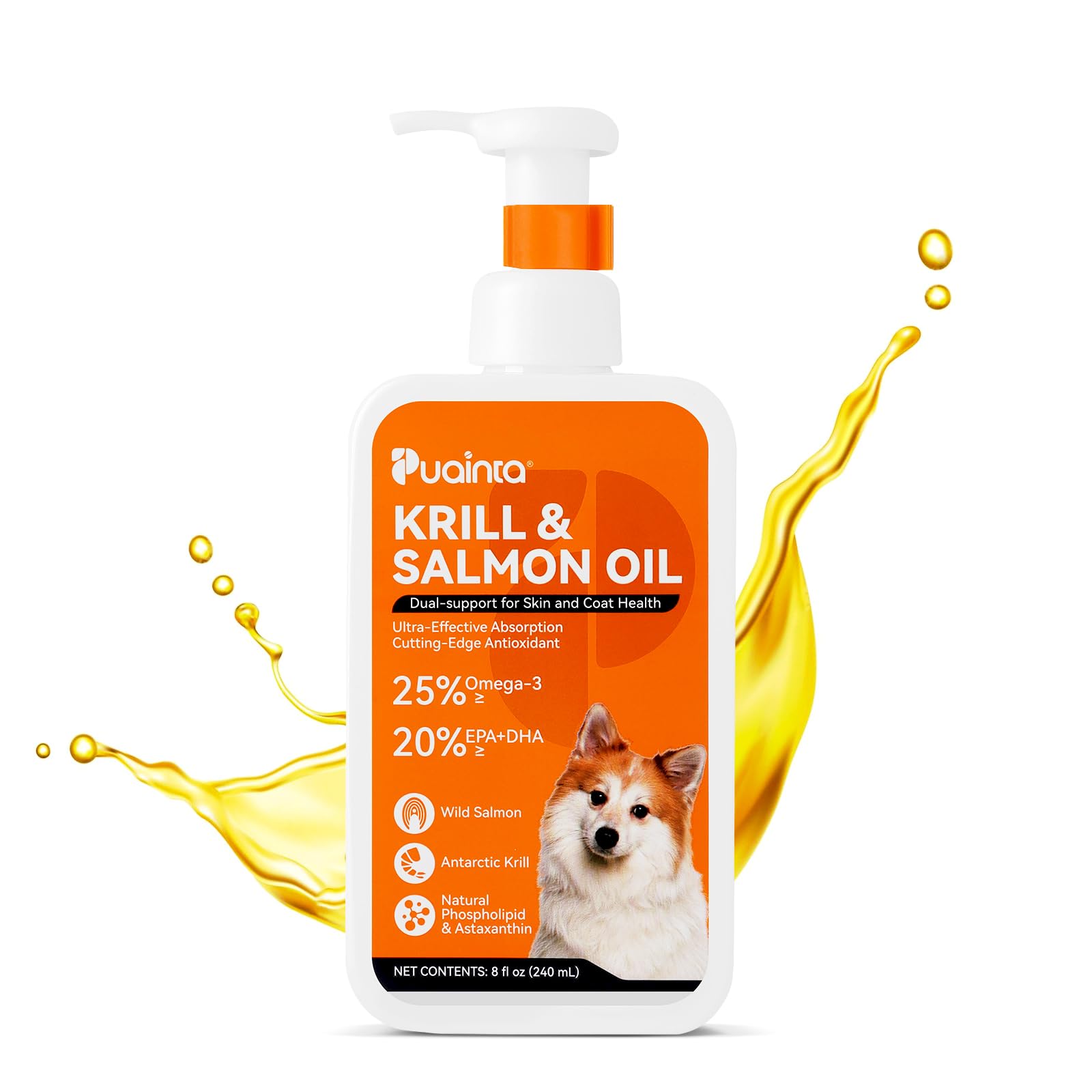 Puainta Krill and Salmon Oil for Dogs Fish Oil Antioxidant Suppelment for Skin and Coat, Natural 25% Omega 3 Oil for Dog, EPA & 