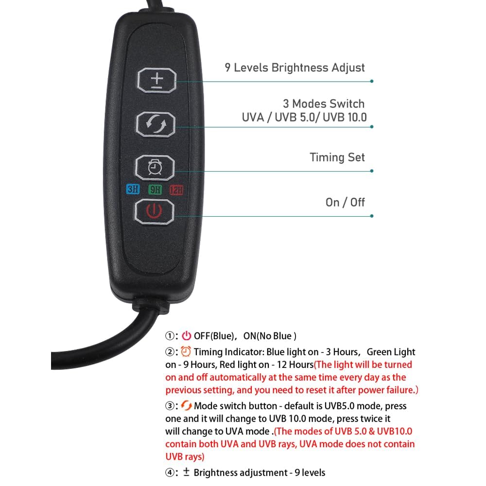 Small Full Spetrum Led Uva Uvb Reptile Light With Dimmer & Cycle Timer For Bearded Dragon Lizard Gecko Snake Turtle, Bright Adju