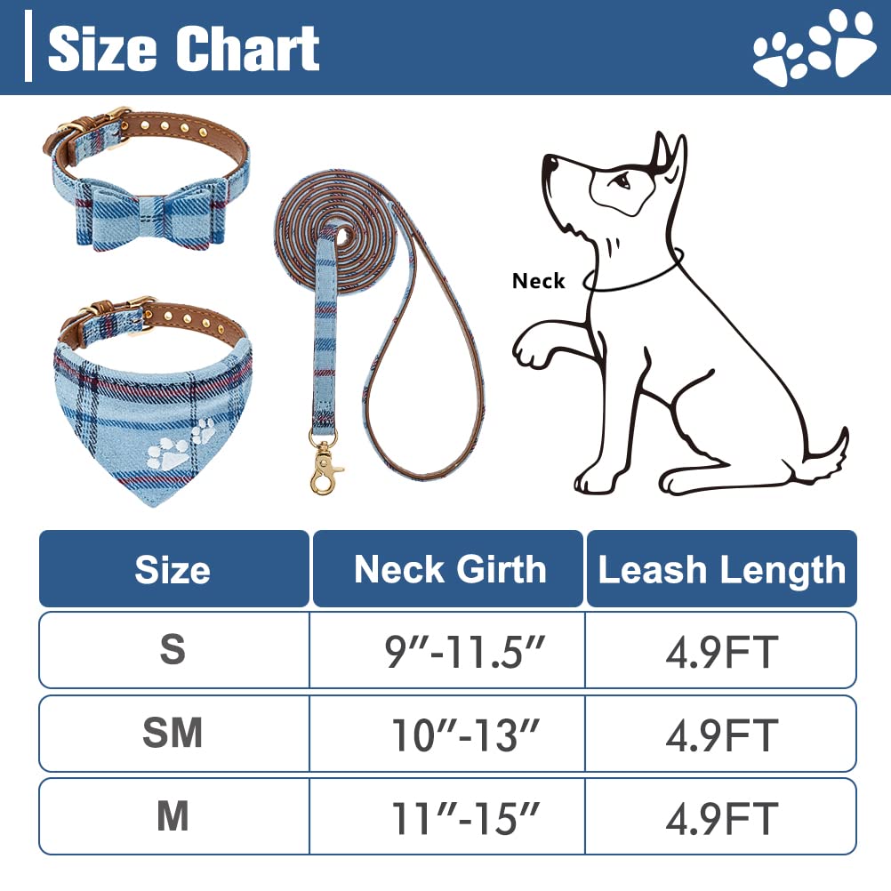 Expawlorer Dog Leash Collar Set - 3 Pack Embroidery Pawprints Plaid Dog Collars And Leash Tangle Free, Bow Tie And Bandana Collar, Adjustable Collar Set For Dogs Cats Outdoor Walking