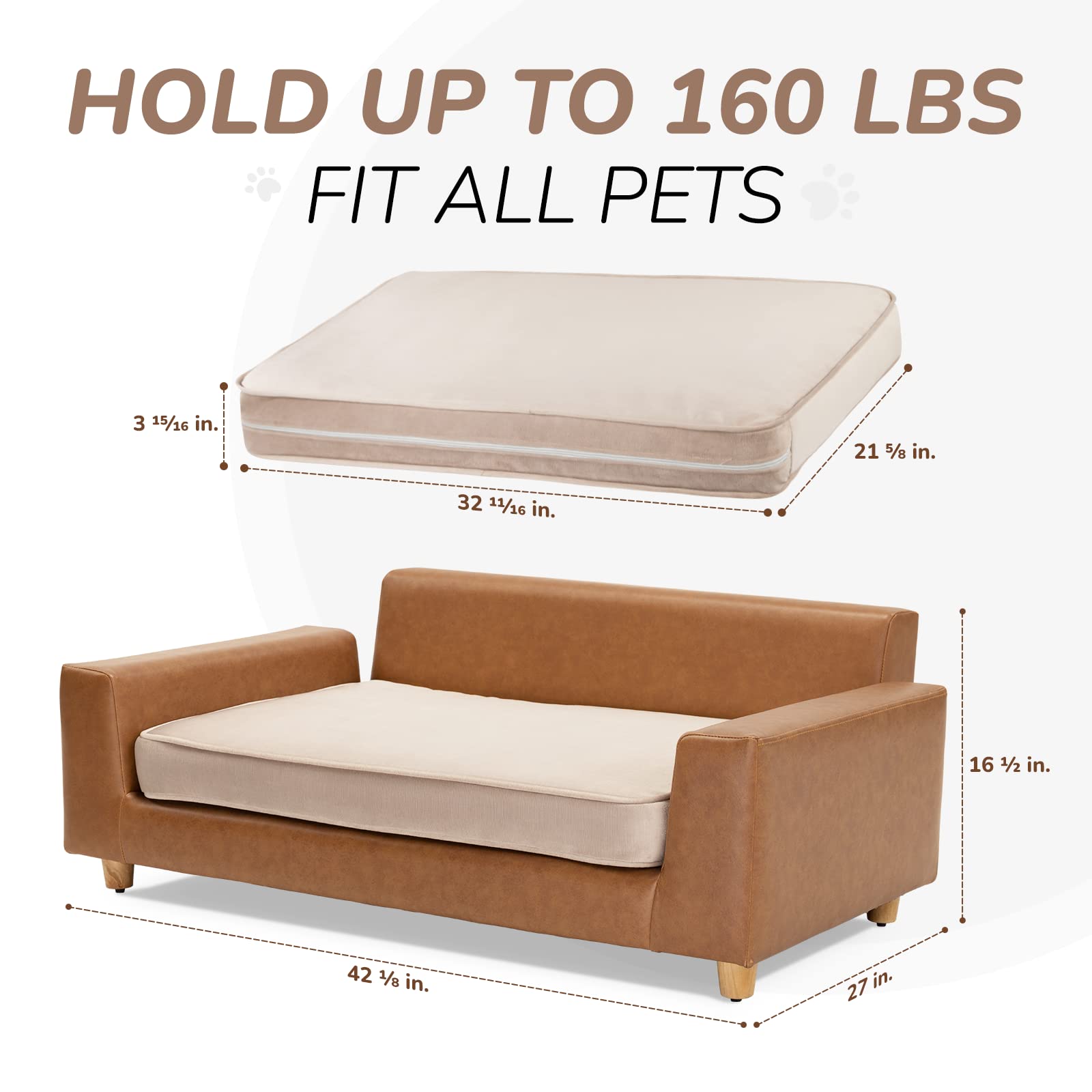 Dcee Luxury Dog Sofa Bed, Luxury 42'' Leather Pet Couch For Large Dogs, Washable Velvet Cushion, Sturdy Wooden Frame, Anti-Slip