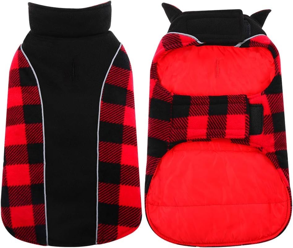 Kuoser Reversible Dog Coat, Warm Waterproof Dog Jacket, British Style Plaid Dog Winter Coats, Puppy Cold Weather Vest Windproof 