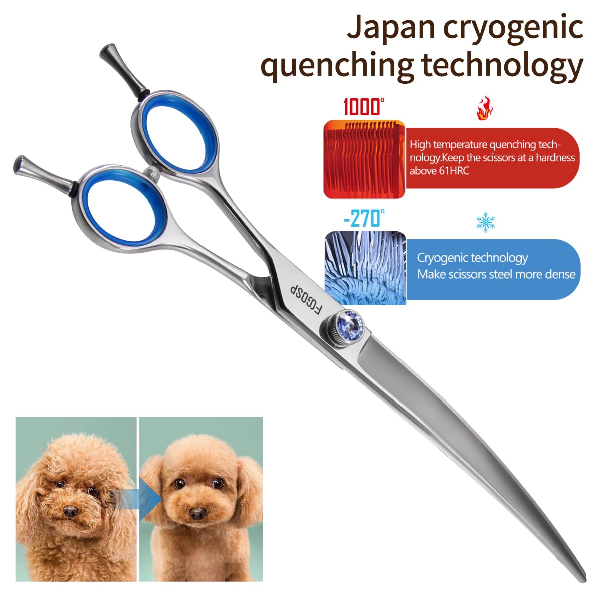 Left Handed Curved Dog Grooming Scissors 7.5 Inch Professional Shears For Poodle Large Pet 30 Degree Japanese 440C Super Sharp