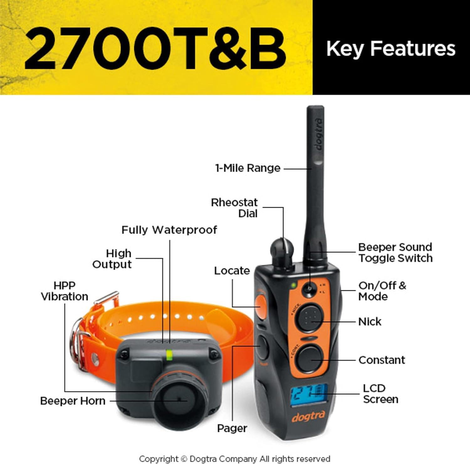 Dogtra 2700T&B Long Range 1-Mile 1-Dog Training & Beeper Remote Dog Training E-Collar For Upland Gun Dog
