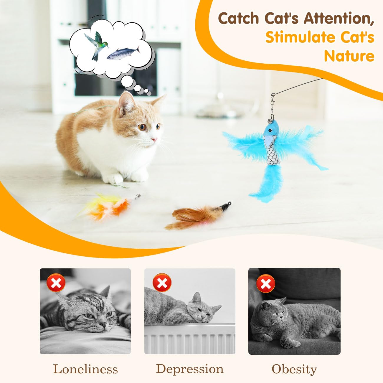 Pawaboo Cat Feather Toys, Interactive Cat Wand Toy With 2-Slot Super Suction Cup, Detachable 2 Pcs Spring Cat Wand & 7 Pcs Cat T
