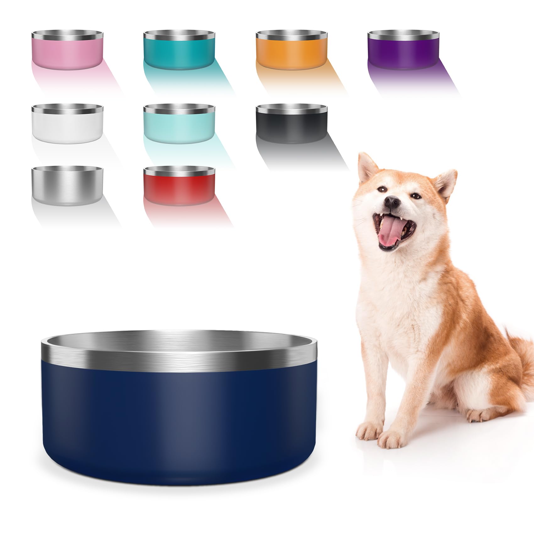 WENBOKMIN Dog Bowl, Stainless Steel Dog Food and Water Bowl with Non Slip Quiet Bottom, Easy to Clean, Dishwasher Safe, 64oz, Bl