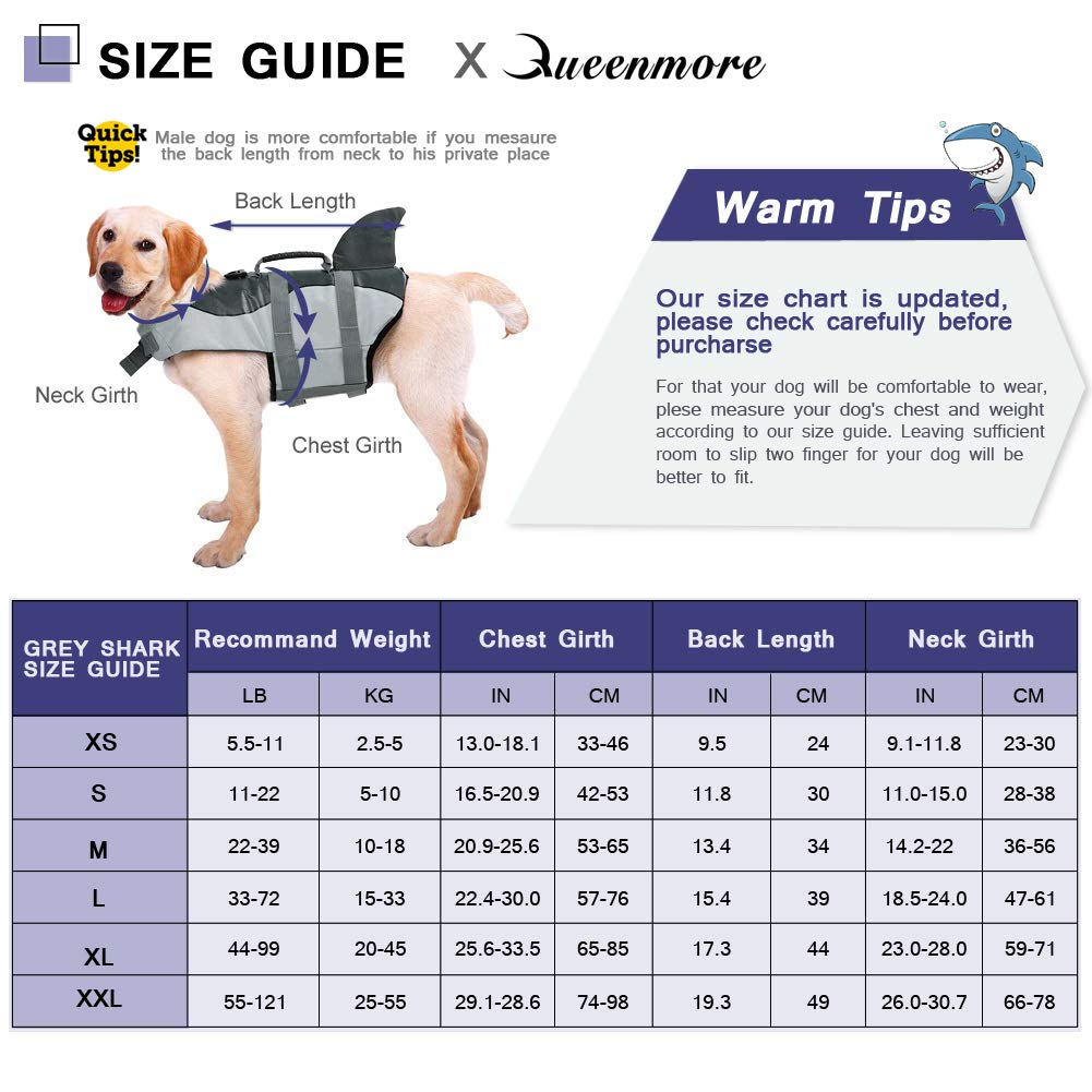 Queenmore Dog Life Jacket Ripstop Shark Dog Safety Vest Adjustable Preserver With High Buoyancy And Durable Rescue Handle For Small,Medium,Large Dogs, Grey Shark X-Small