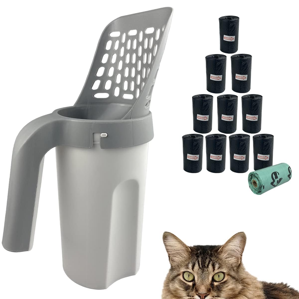Esamploe Cat Litter Scooper With Trash Container,Portable Litter Scoop Holder,Litter Scoop With Holder Provides 215 Garbage Bags