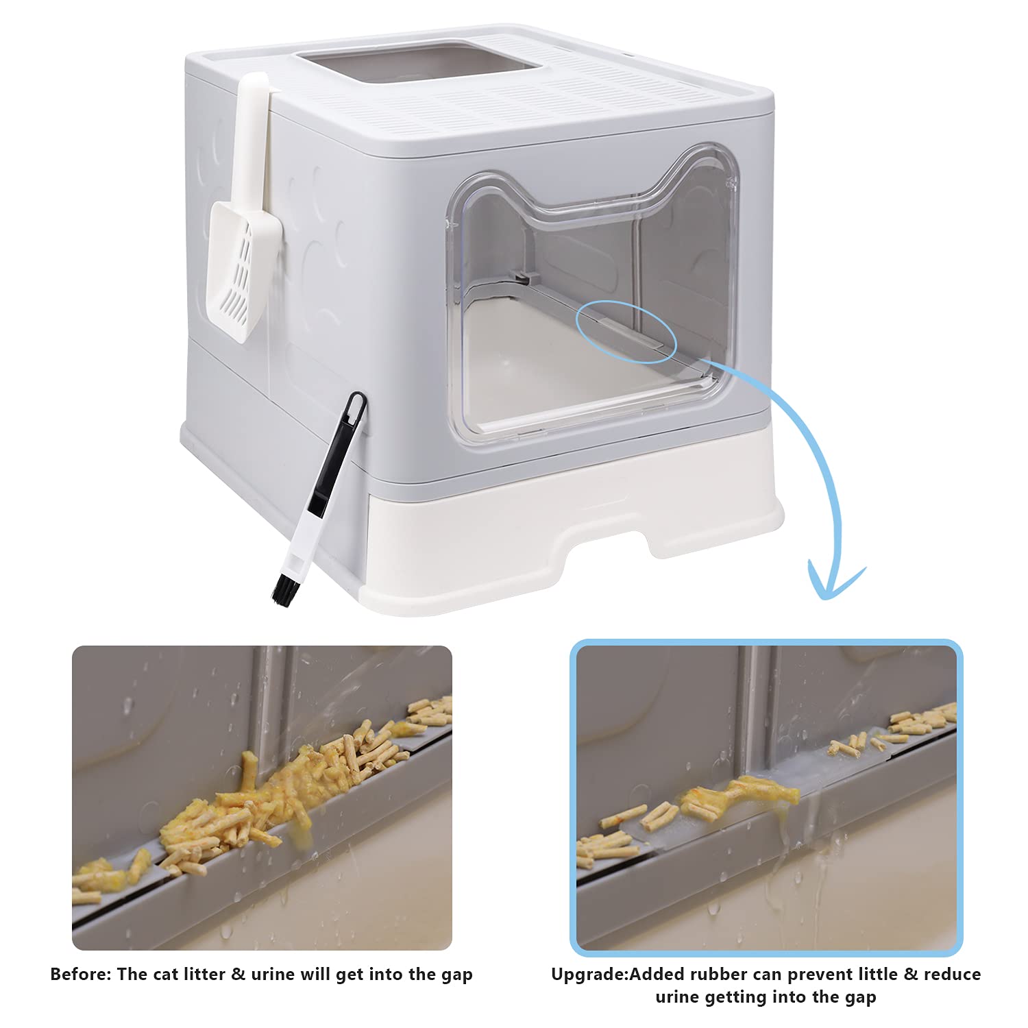 Foldable Cat Litter Box With Lid, Enclosed Cat Potty, Top Entry Anti-Splashing Cat Toilet, Easy To Clean Including Cat Litter Scoop And 2-1 Cleaning Brush (Grey), Large