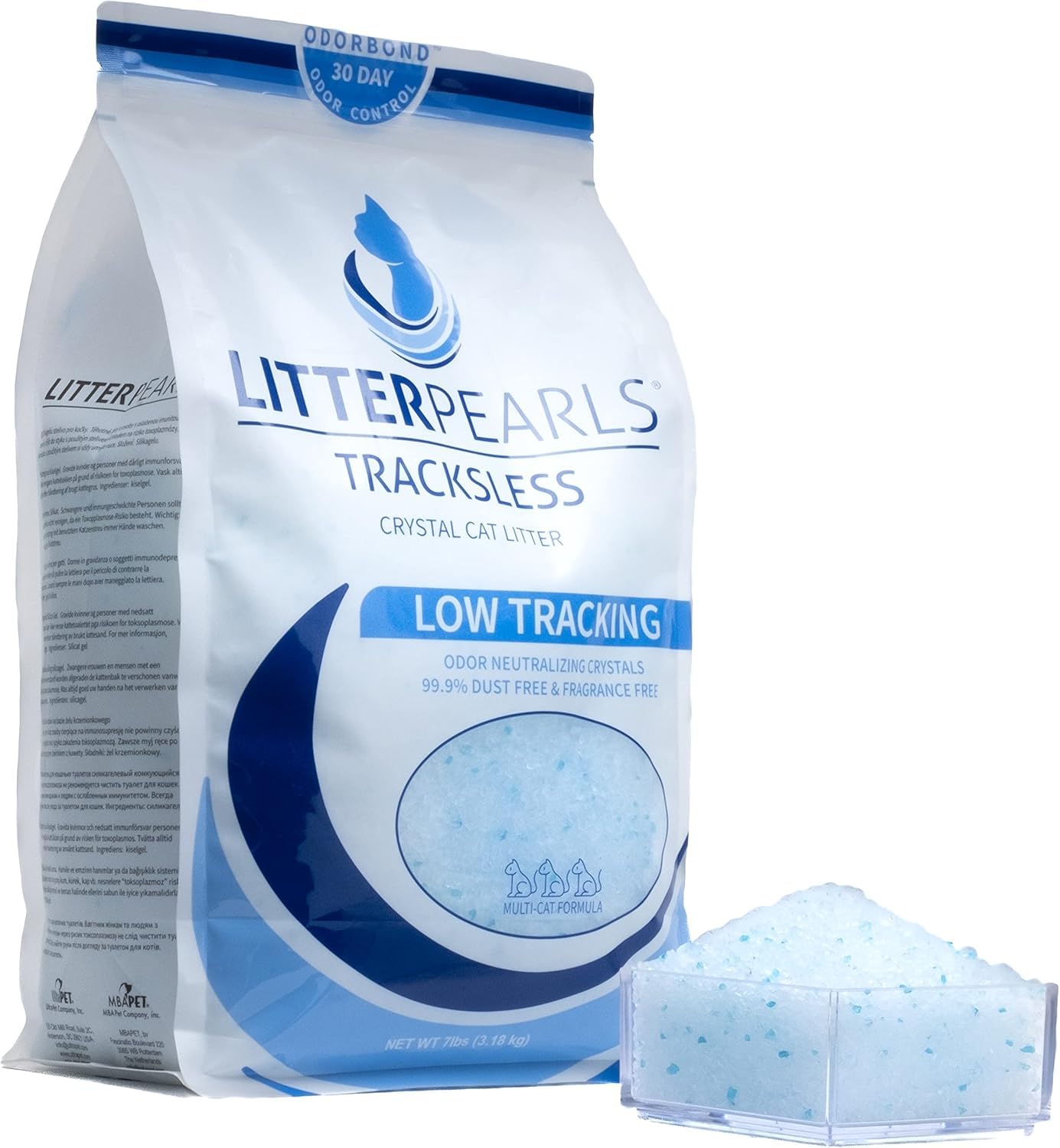 Litter Pearls Tracksless Unscented Non-Clumping Crystal Cat Litter With Odorbond, 7 Lb, White, Clear And Blue Crystals