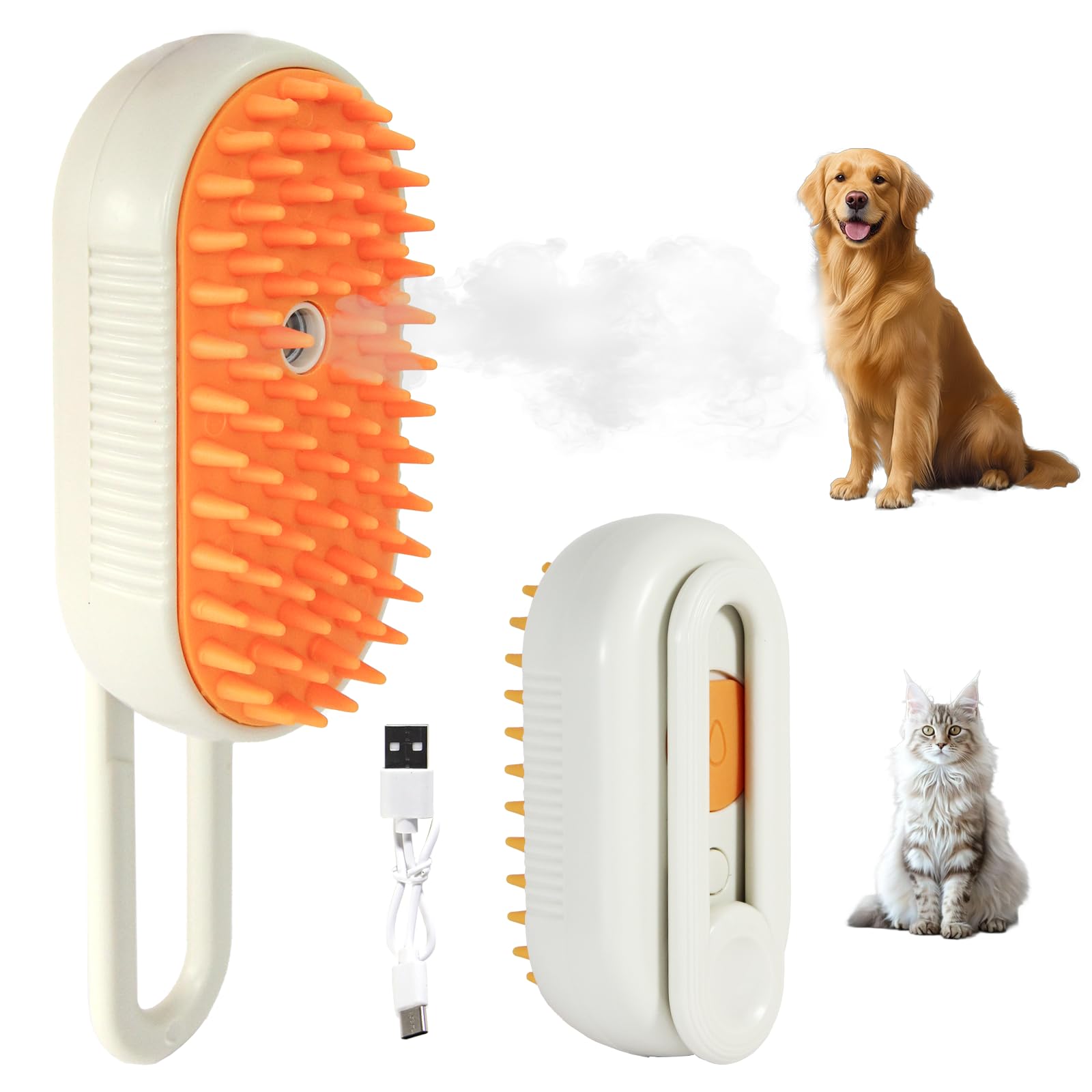 Luxelle Cat Steam Brush For Shedding  4 In 1 Orange Pet Grooming Brush With Spray, Hair Removal, Massage & Cleaning  AntiStat