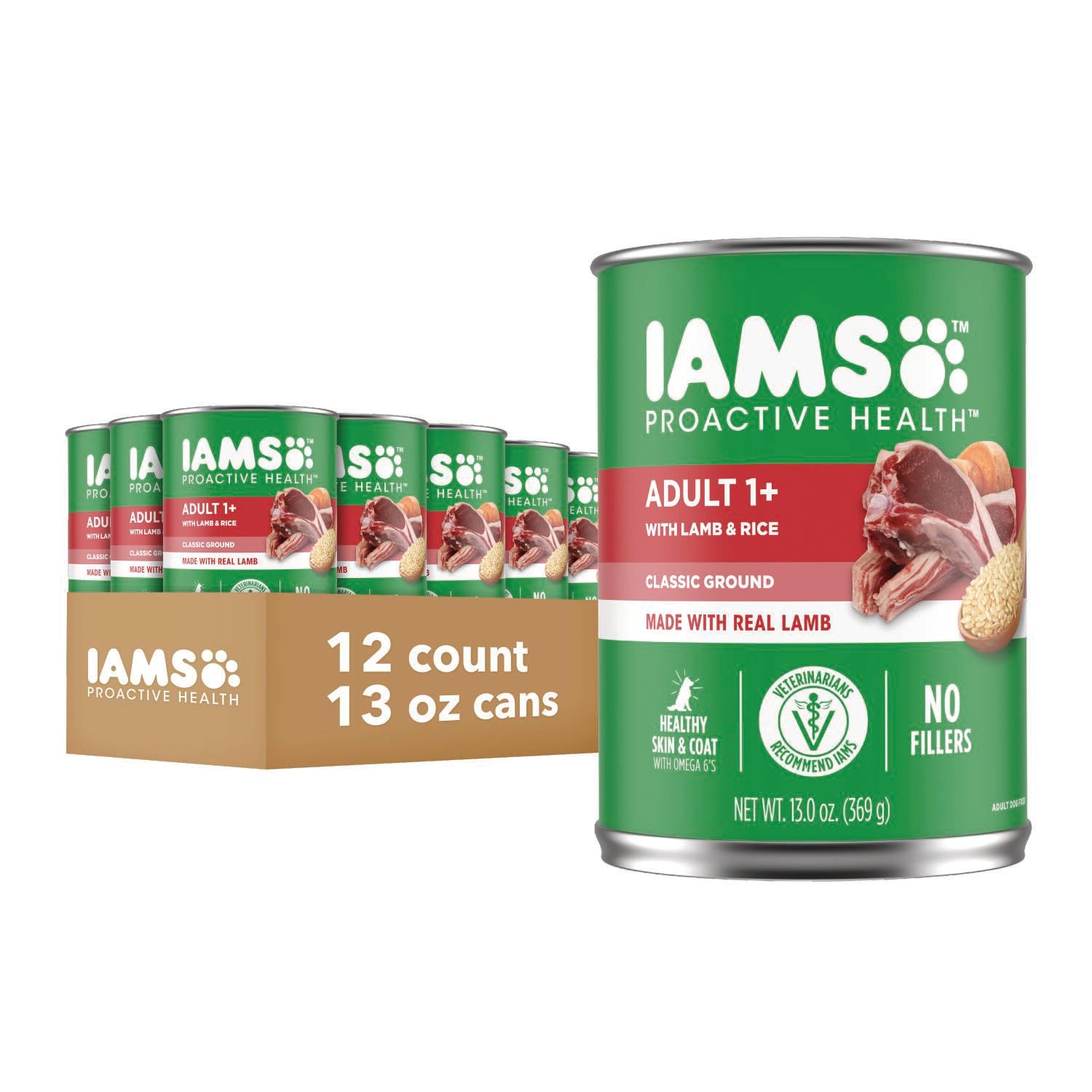 IAMS Proactive Health Adult Wet Dog Food Classic Ground with Lamb and Rice, 13 oz. Cans, Pack of 12
