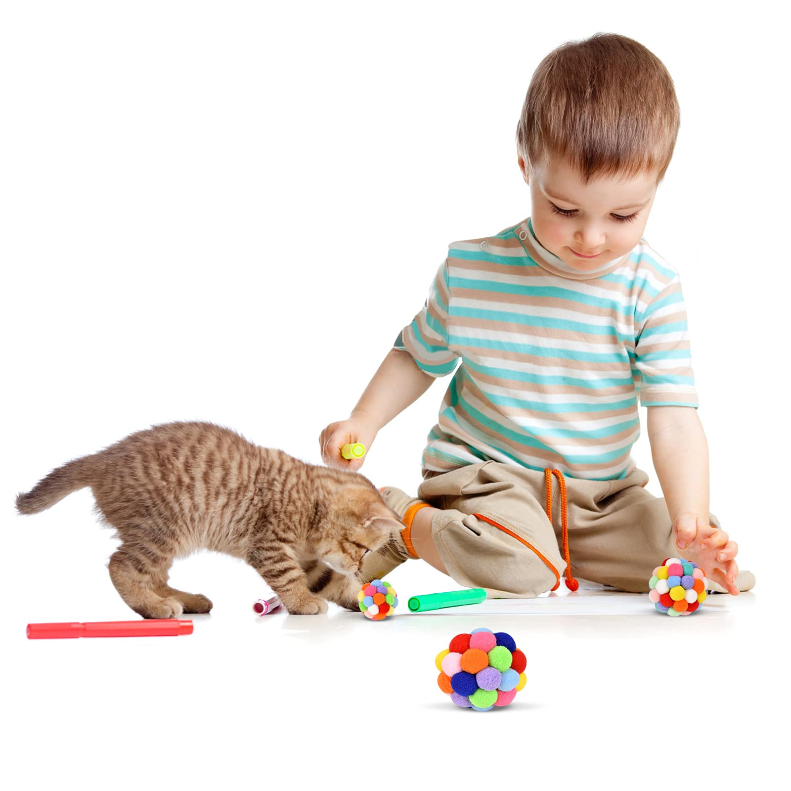 Tusatiy Cat Toy Balls With Bell 3Pcs, Colorful Soft Fuzzy Balls Built-In Bell For Cats, Interactive Playing Chewing Toys For Indoor Cats And Kittens