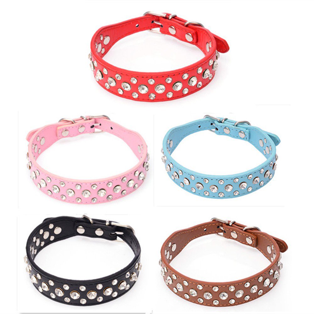 Dogs Kingdom 12-20 Length Personalized Rhinestone Leather Bling Crystal Pet Dog Cat Collars For Small Medium Breeds Pink M