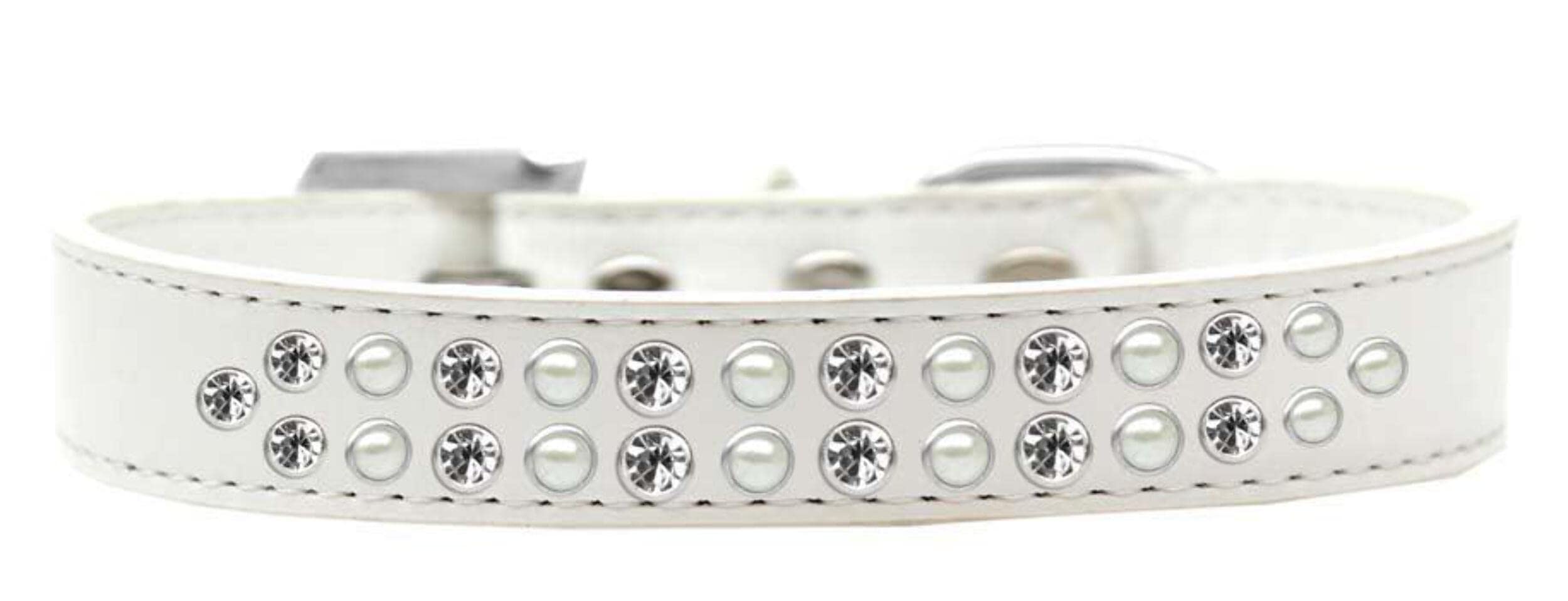 Mirage Pet Products Two Row Pearl and Clear Crystal White Dog Collar, Size 14