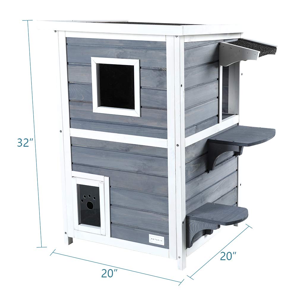 Petsfit Outdoor Cat House, 2 Story Outside Cat Shelter Condo Enclosure With Escape Door For Stray Feral Cats Weatherproof