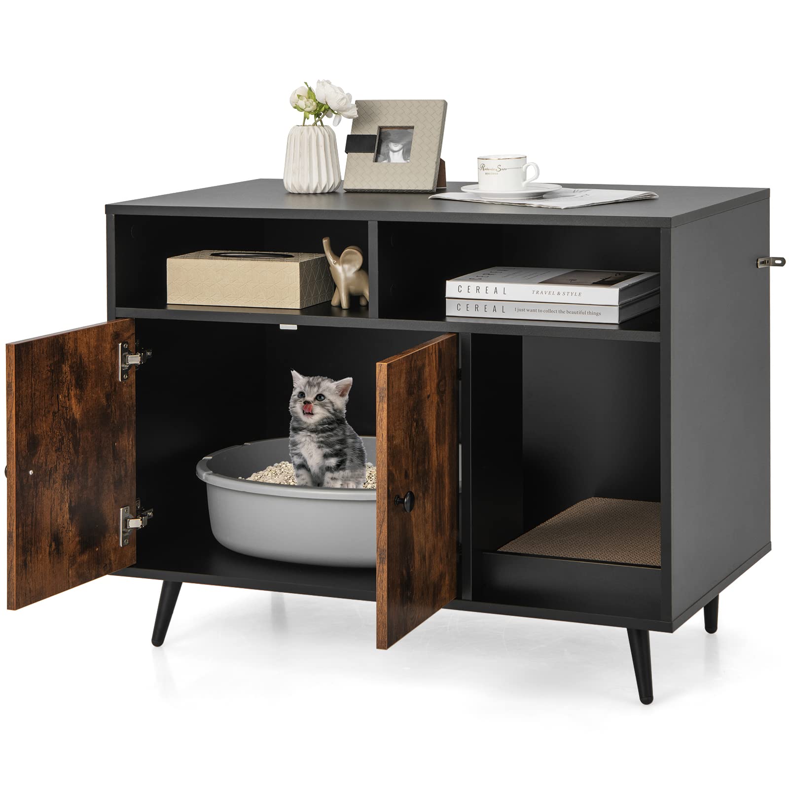 Giantex Cat Litter Box Enclosure - Wooden Washroom With Storage, Scratcher, Winding Entry, Metal Legs, Large Pet Crate Cat House