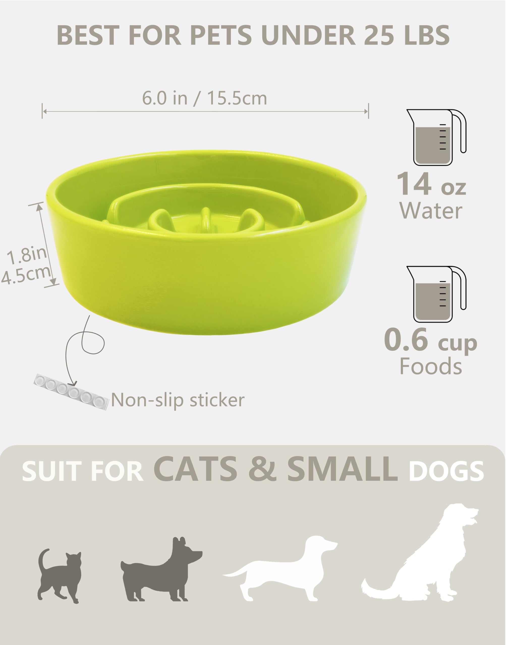 Mopang Ceramic Slow Feeder Dog Bowls, 0.6 Cup Slow Feeder For Small Dogs And Cats, Puzzle Maze Bowl, Prevents Choking, 6In, Gree