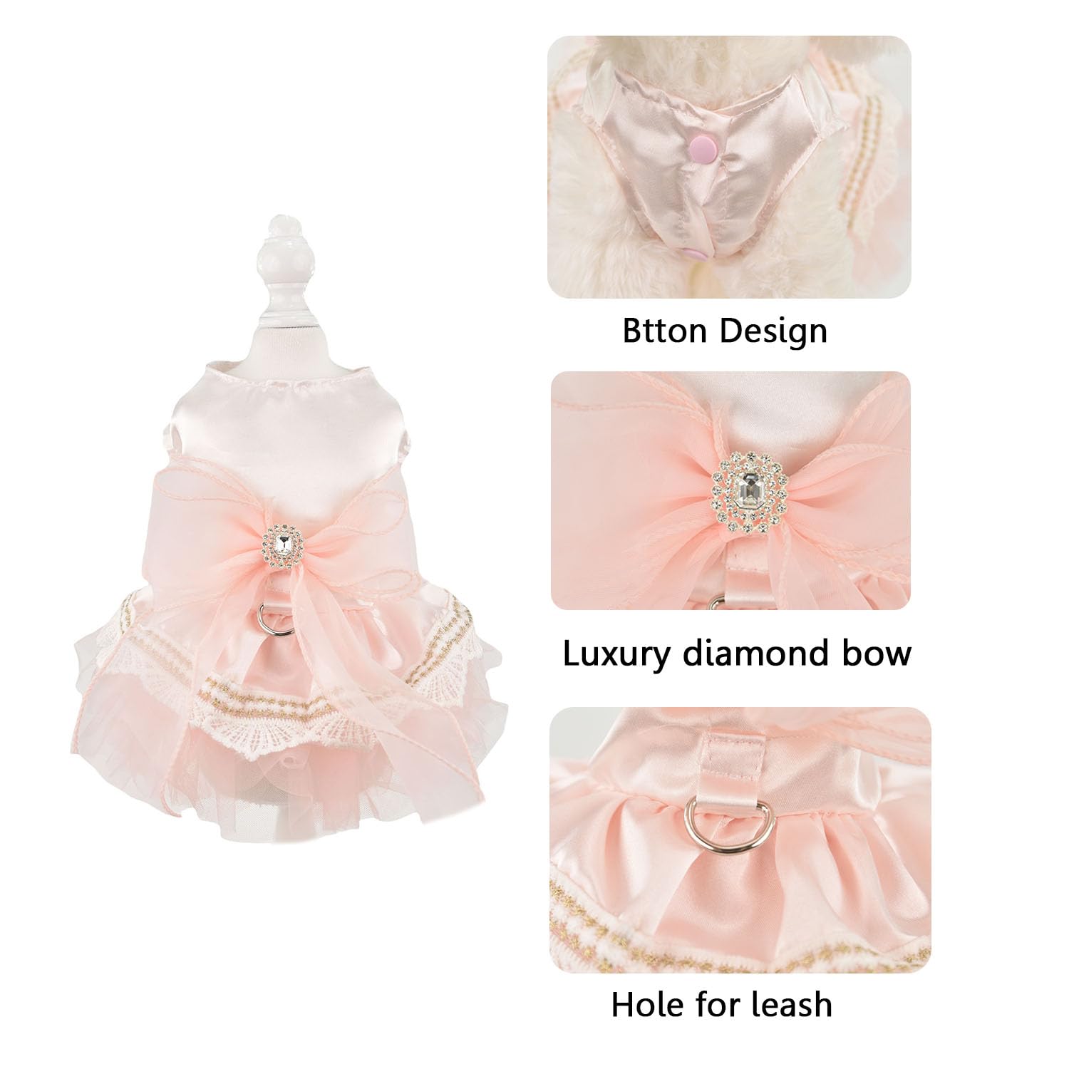 Fladorepet Pink Dog Princess Bow Dress With Leash Ring,Dog Party Birthday Wedding Tulle Dress Tutu Skirt,Dog Costume Summer Pet