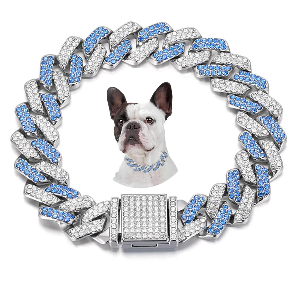 Blue Cuban Link Dog Collar, Rhinestone Dog Chain Necklace Puppy Collars Glitter Chain Bling Diamond Cuban Link For Small Medium 