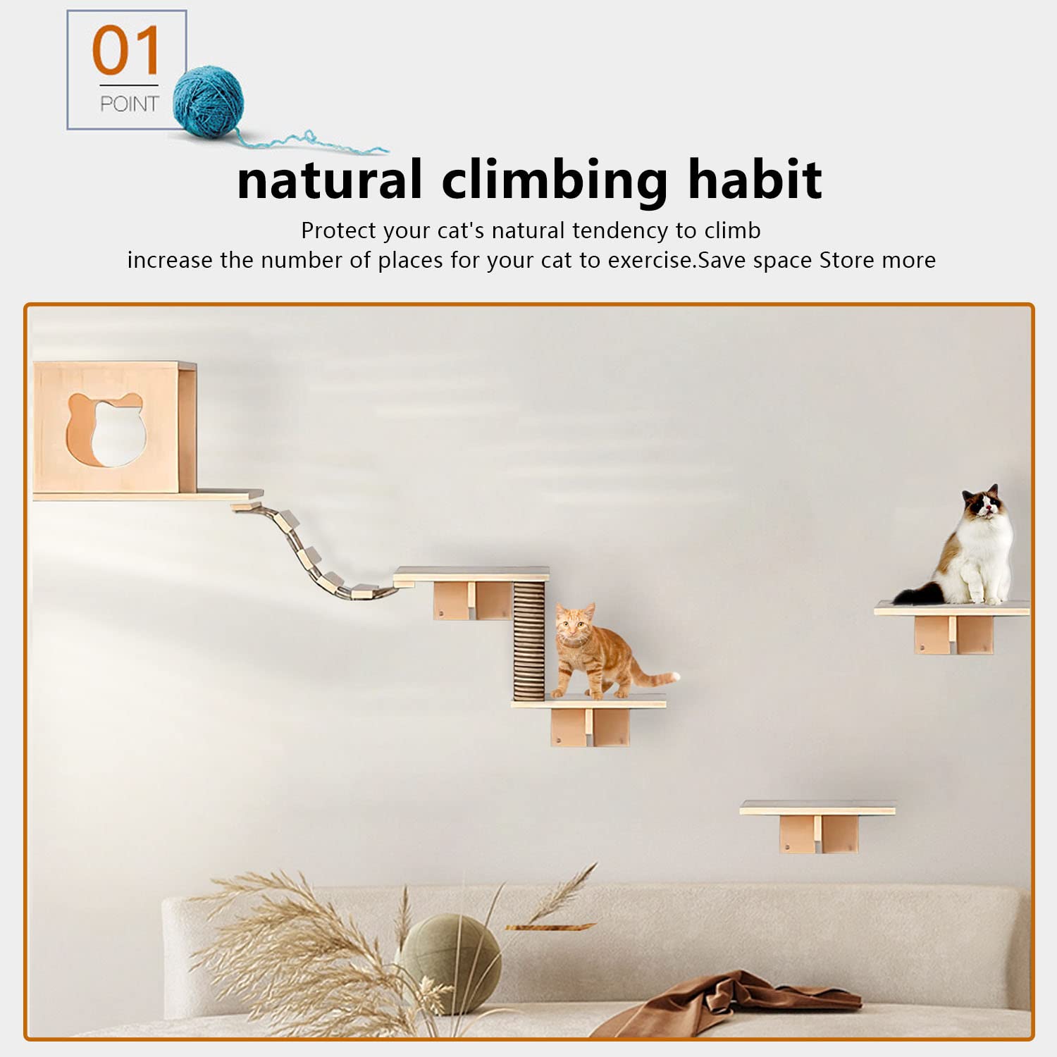 Cat Wall Shelves, Shelves And Perches For Wall, Furniture Set 7 Pcs Mounted With 1 Condos House, 4 Sisal Scratching Post, Ladder