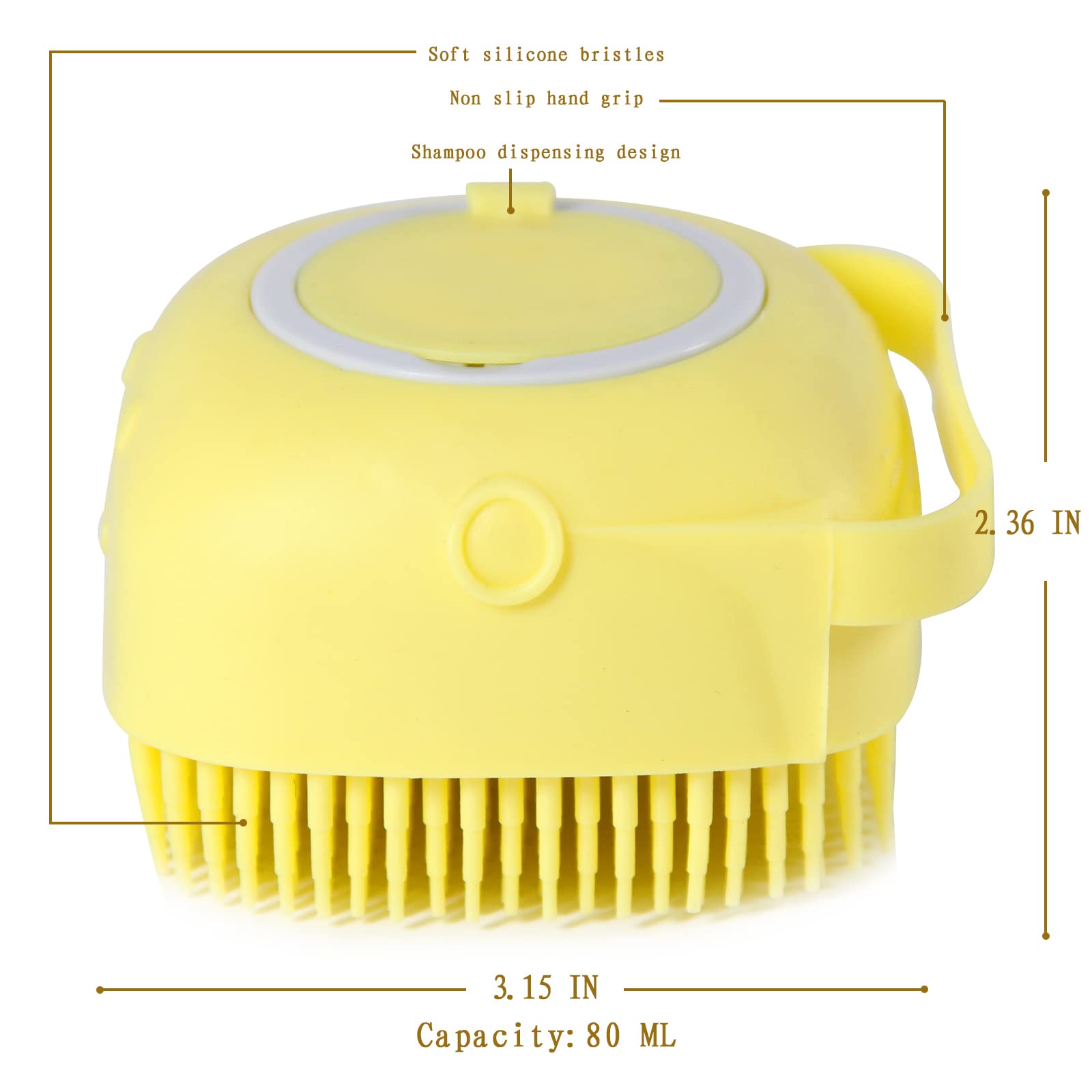 Woleigiao Dog Bath Brush, Pet Massage Brush Shampoo Dispenser, Soft Silicone Brush Rubber Bristle For Dogs And Cats Shower Grooming (Yellow)