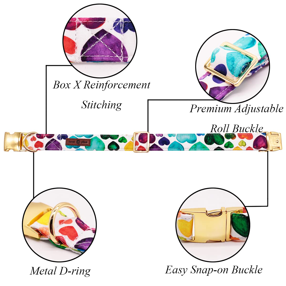 Lionet Paws Valentine Dog Collar, Heavy-Duty Cute Colorful Heart Pattern Pet Collar With Metal Buckle For Small Dogs, Neck 10-16