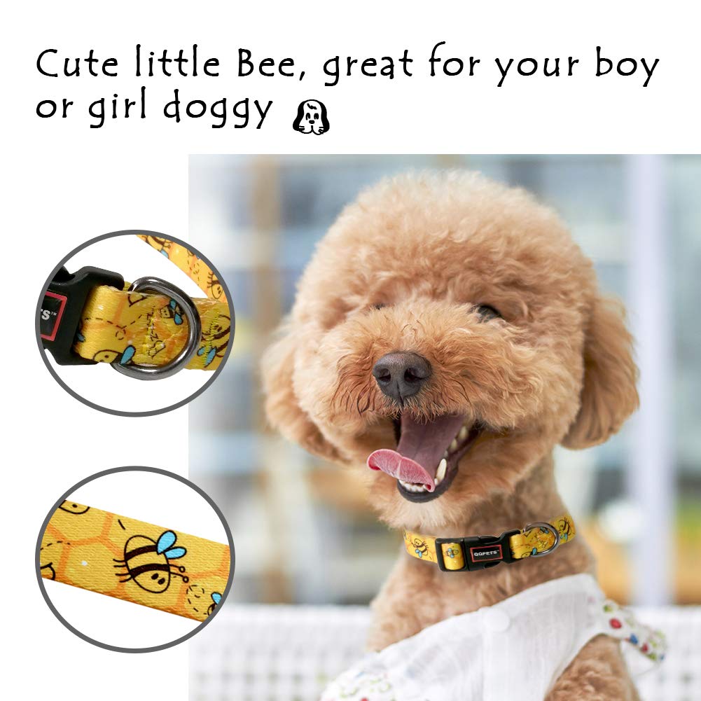 Qqpets Adjustable Soft Dog Collar: Print Flower Pink Multicolor Cute Patterns For Xs Small Medium Large Pet Girl Boy Puppy Walking Running Training (Xs, Yellow Bee)