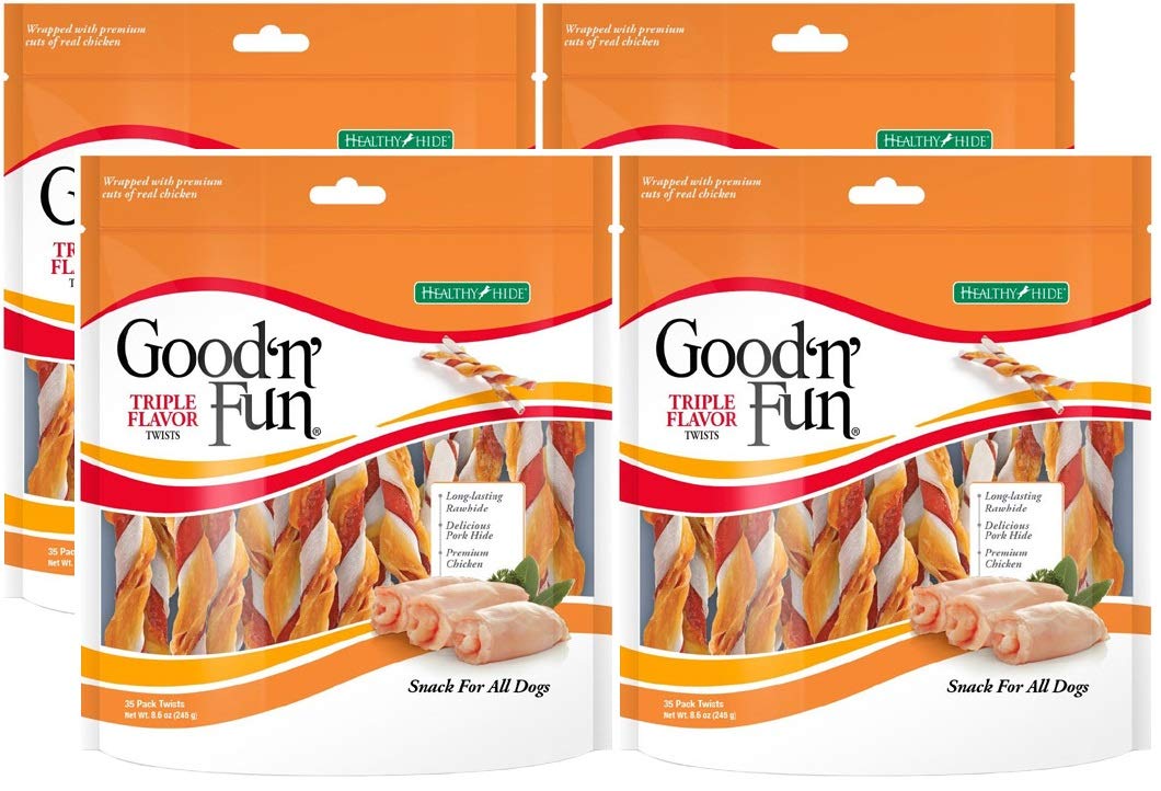 Healthy Hide GoodnFun 4 Pack of Triple Flavored Rawhide Twists Chews for Dogs, 35 Twists Per Pack