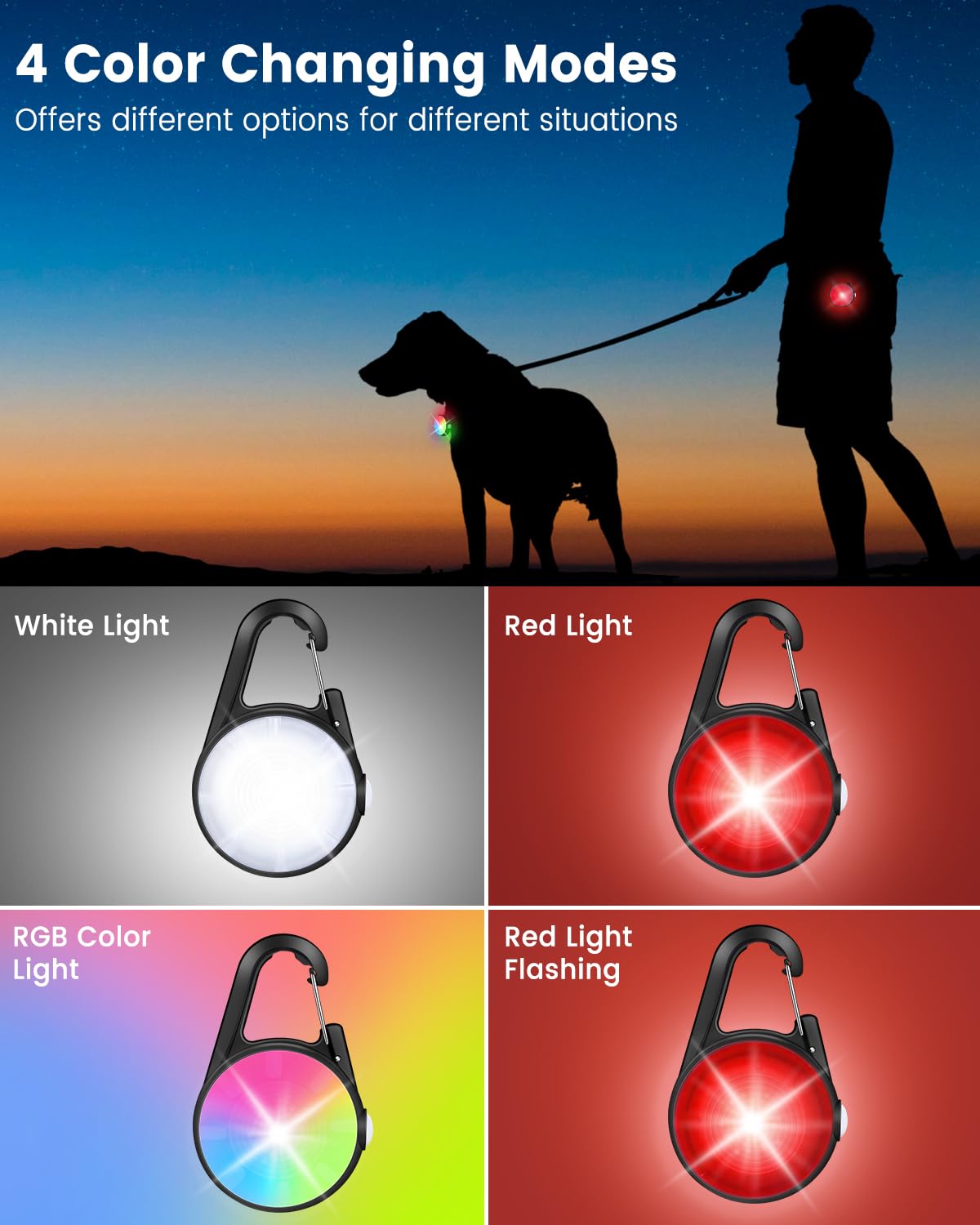 Dog Lights for Night Walking, 2 Pack Clip On Dog Collar Light for Nighttime Rechargeable, 4 Modes LED Collar Charm for Safety Ru