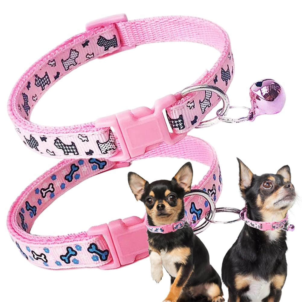 Pink Puppy Collar With Bell, 2 Pack Girl'S Small Dog Collar With Bell Nylon Cute Female Cat Collars Adjustable For Xxs Xs Little