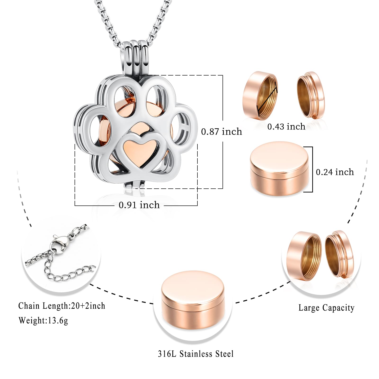 Oinsi Pet Cremation Jewelry - Stainless Steel Paw Urn Necklace, 0.78*0.86 in, Silver-Rose Gold, Model LLD016-10, Keepsake for Dog/C