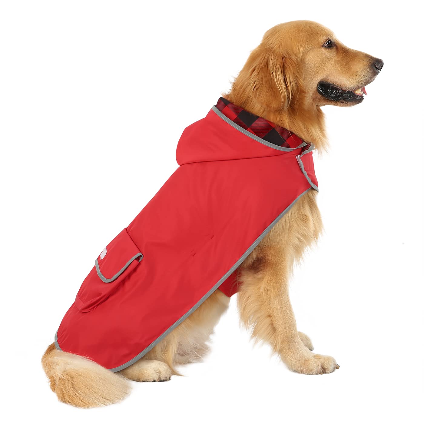 HDE Reversible Dog Raincoat Hooded Slicker Poncho Rain Coat Jacket for Small Medium Large Dogs Buffalo Plaid Red - XL