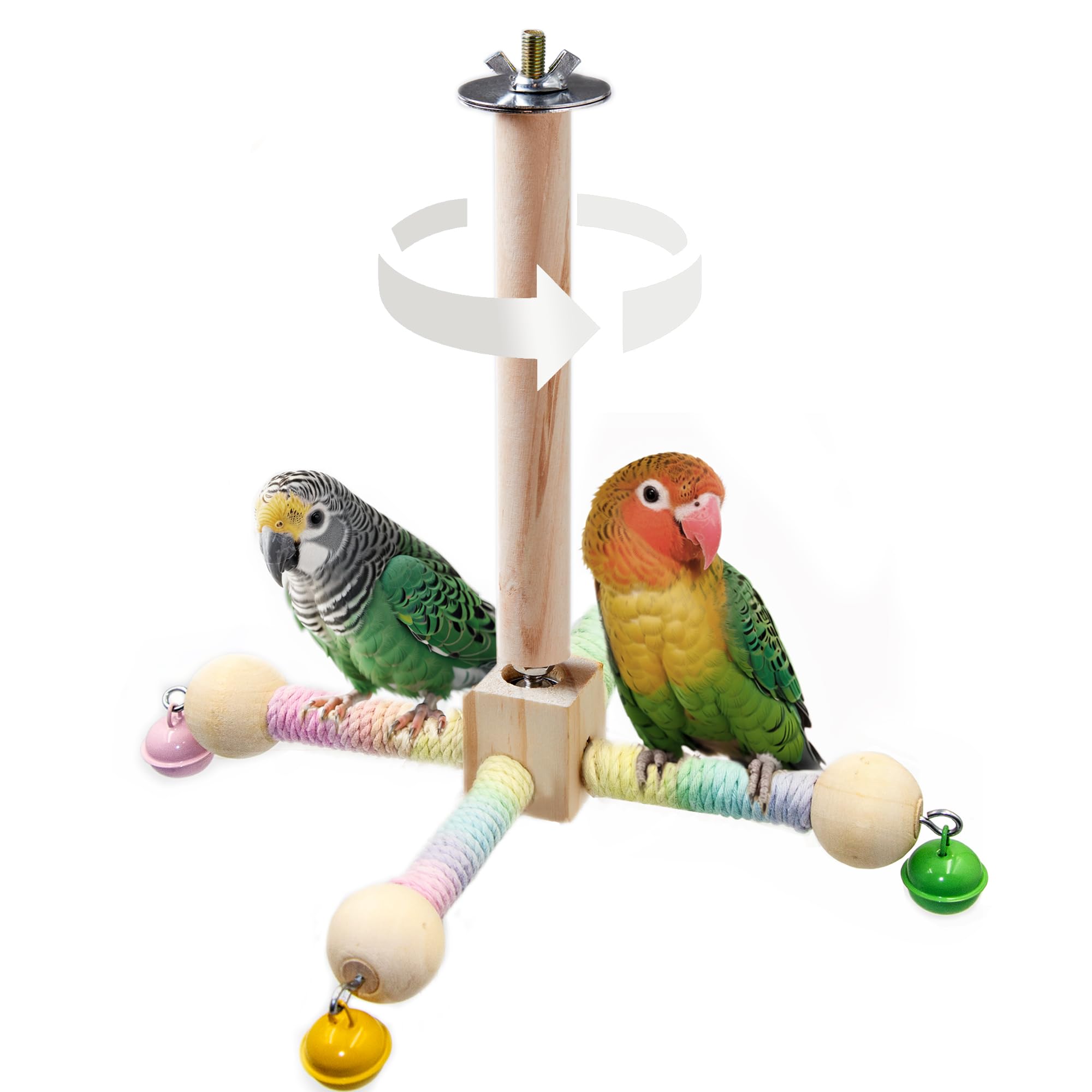 Bird Stand Perch Toy With Bells, Interactive Spinning Parakeet Toys, Wooden Exercise Wheel Parrot Toy, Enrichment Cockatiel Toy 