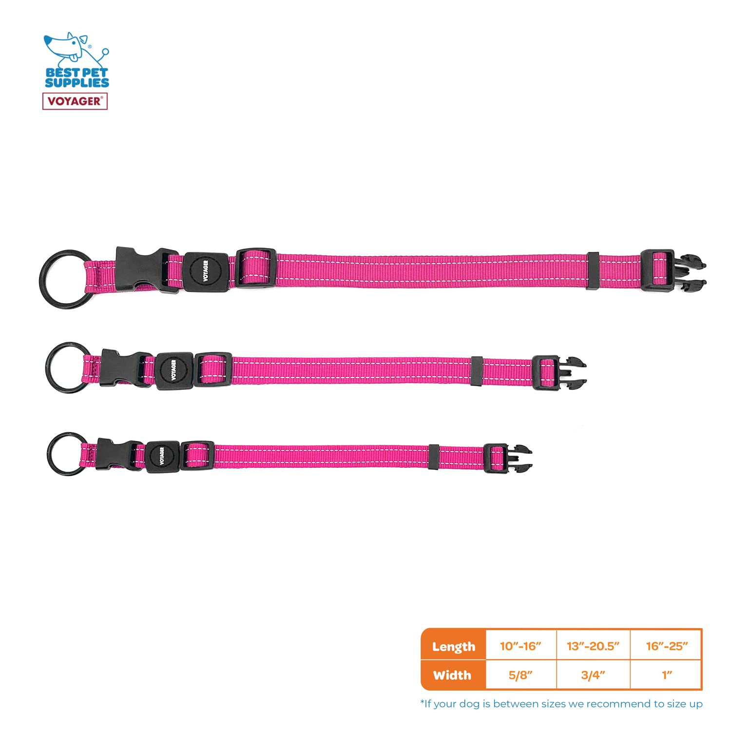 Best Pet Supplies Reflective Dog Collar With Adjustable Length, Heavy-Duty Buckle, And Strong Leash D-Ring, Training, Walking, Jogging Accessory For Small, Medium, And Large Breeds - Fuchsia, L