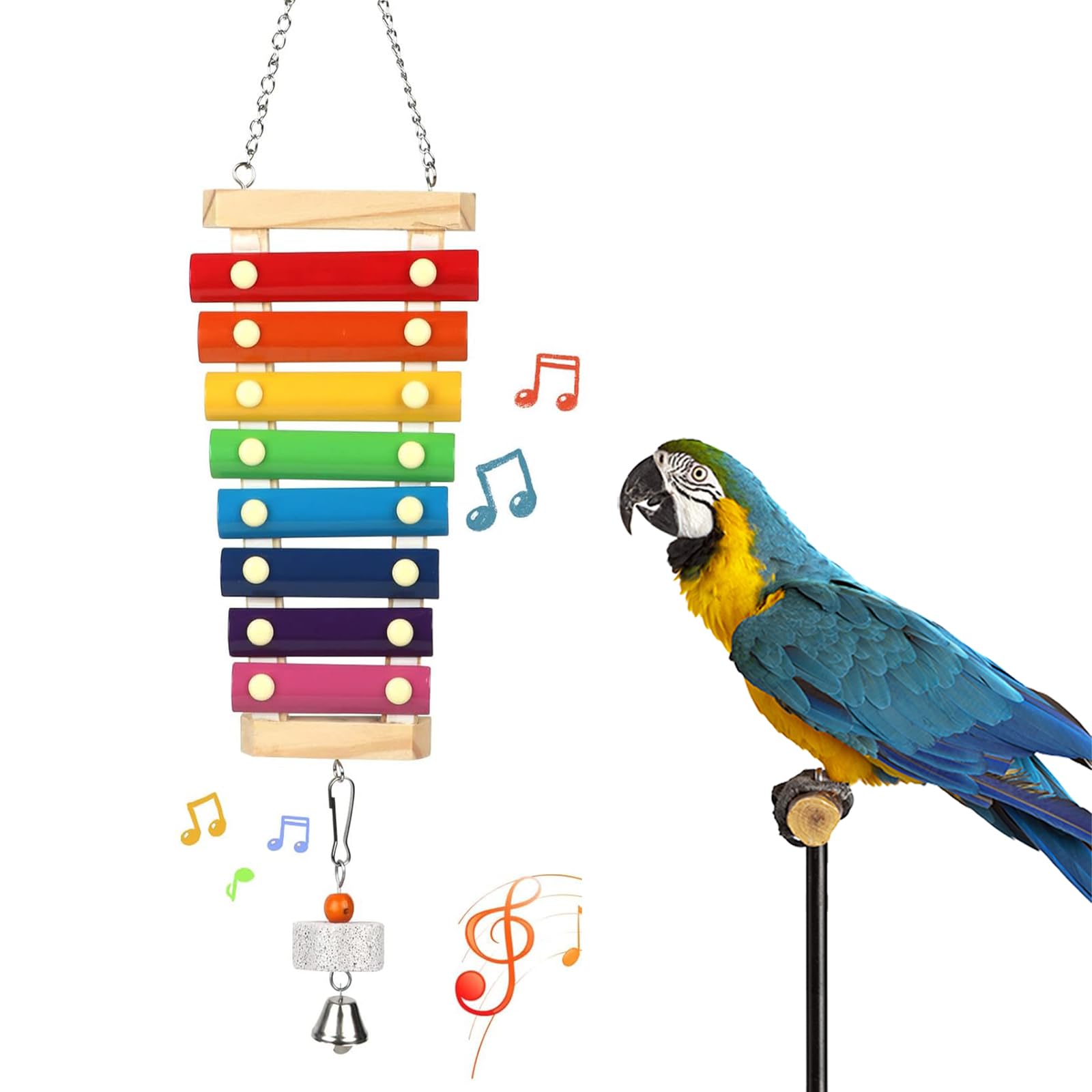 Hzakxin Large Parrot Suspensible Xylophone Toy, Multicolored Natural Wooden Bird Chewing Toys With Grinding Stone For Large, Med
