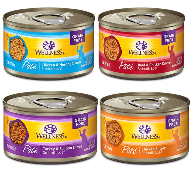 Wellness Natural Premium Canned Cat Wet Food Pate - 12 Pack Cans Variety Bundle Pack 4 Flavor - (Chicken,Beef, Salmon & Turkey)