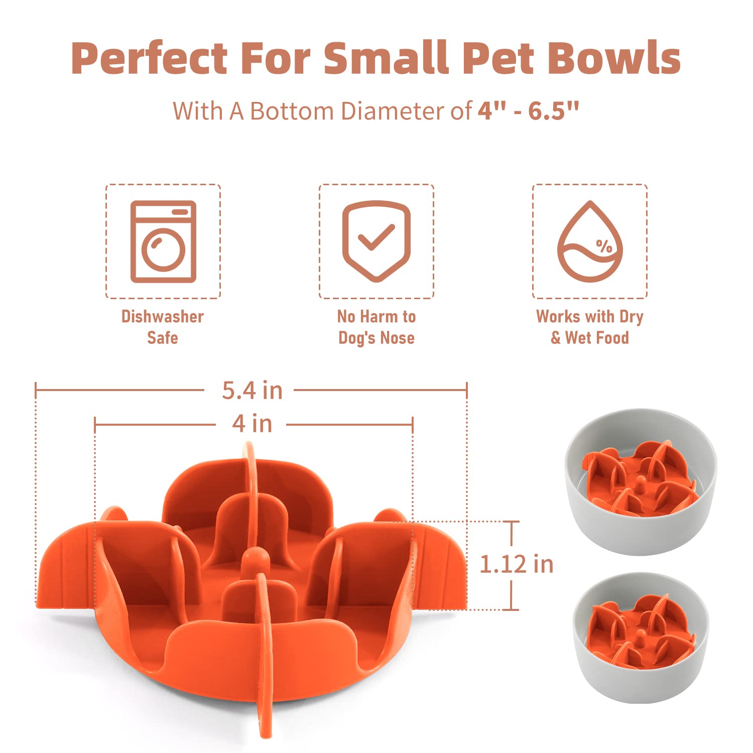 Jaoul Dog Bowl Slow Feeder, Cuttable Slow Feeder Bowl Insert For Small Medium Large Size Dog Bowls (Small, Orange)