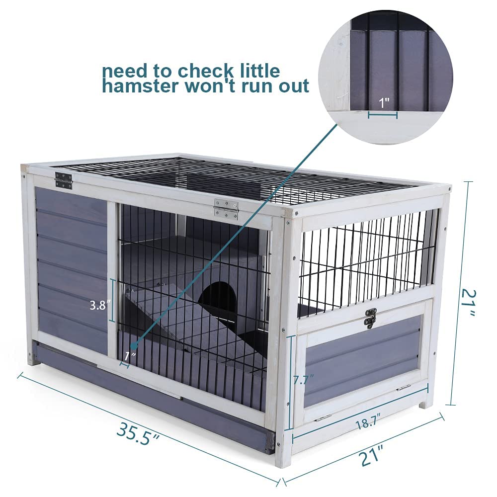 PETSFIT Guinea Pig House Leak Proof Design, Spruce Wood Rabbit Hutch with Bottom Net Hideout for Rest and Ramp for Enter and Out