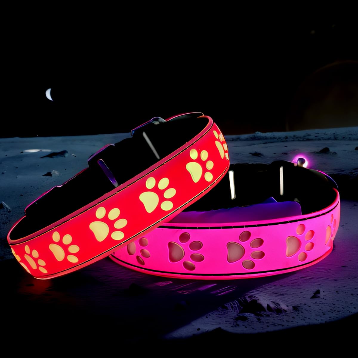 DOGLED LED Light Up Dog Collar - USB-C Rechargeable, Multicolor Paw Print, Size S (7.87-11.8"), Pink, Model CC-801